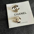 Chanel Gold-Tone Logo Stud Earrings with Pearl Accent