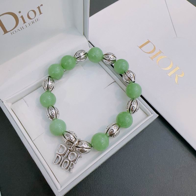 Dior Green Jade Beaded Bracelet with Silver Charm Accents