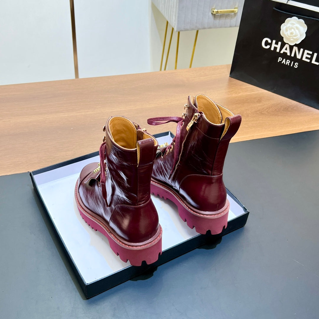 CHANEL 25S HIGH ANKLE BOOTS WITH ZIPPER IN BURGUNDY BROWN CALFSKIN GOLD HARDWARE